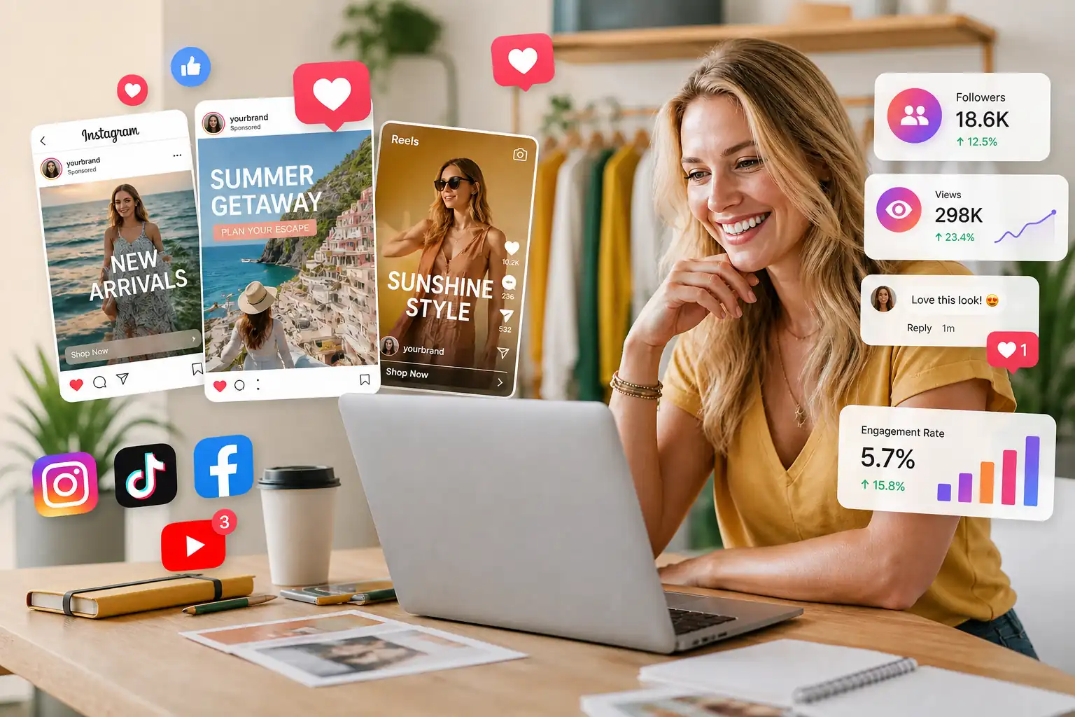 营销人员查看社交广告创意、互动指标和短视频投放效果