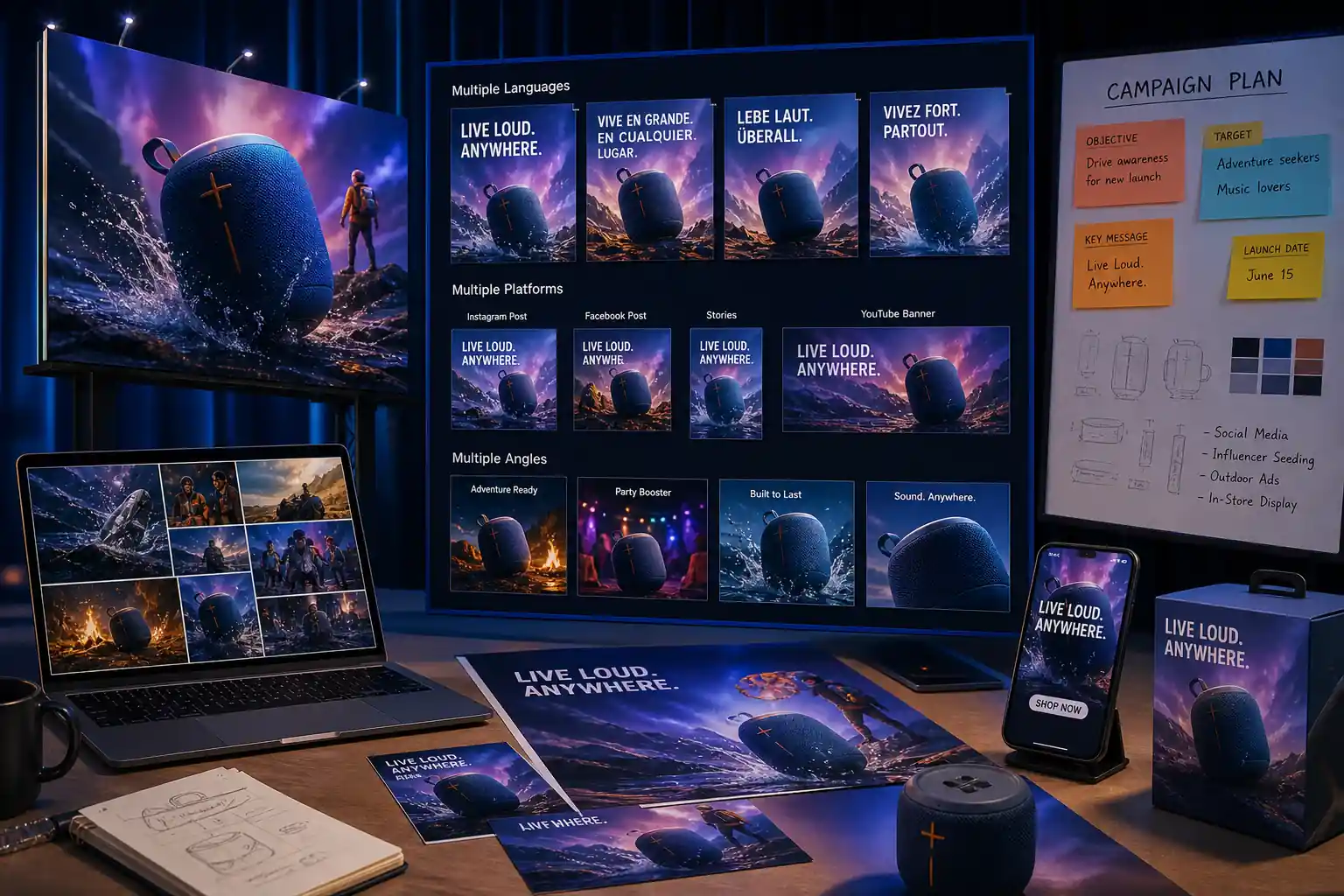 Campaign visuals arranged for multiple markets, languages, and launch message angles