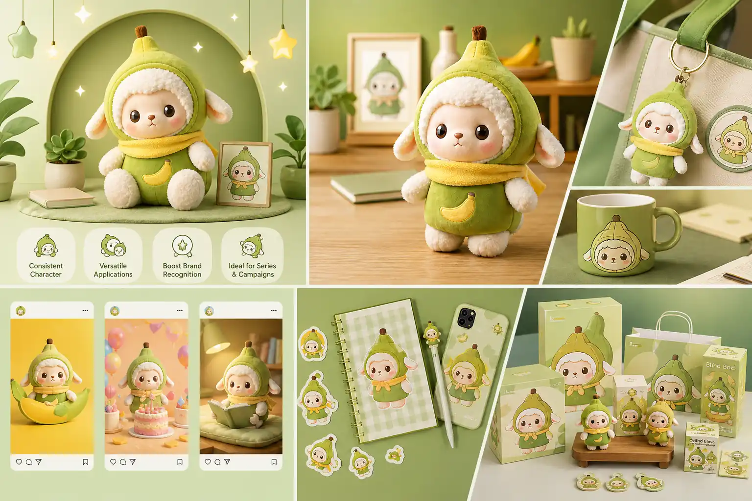 Consistent character or product visuals arranged as a reusable brand content series