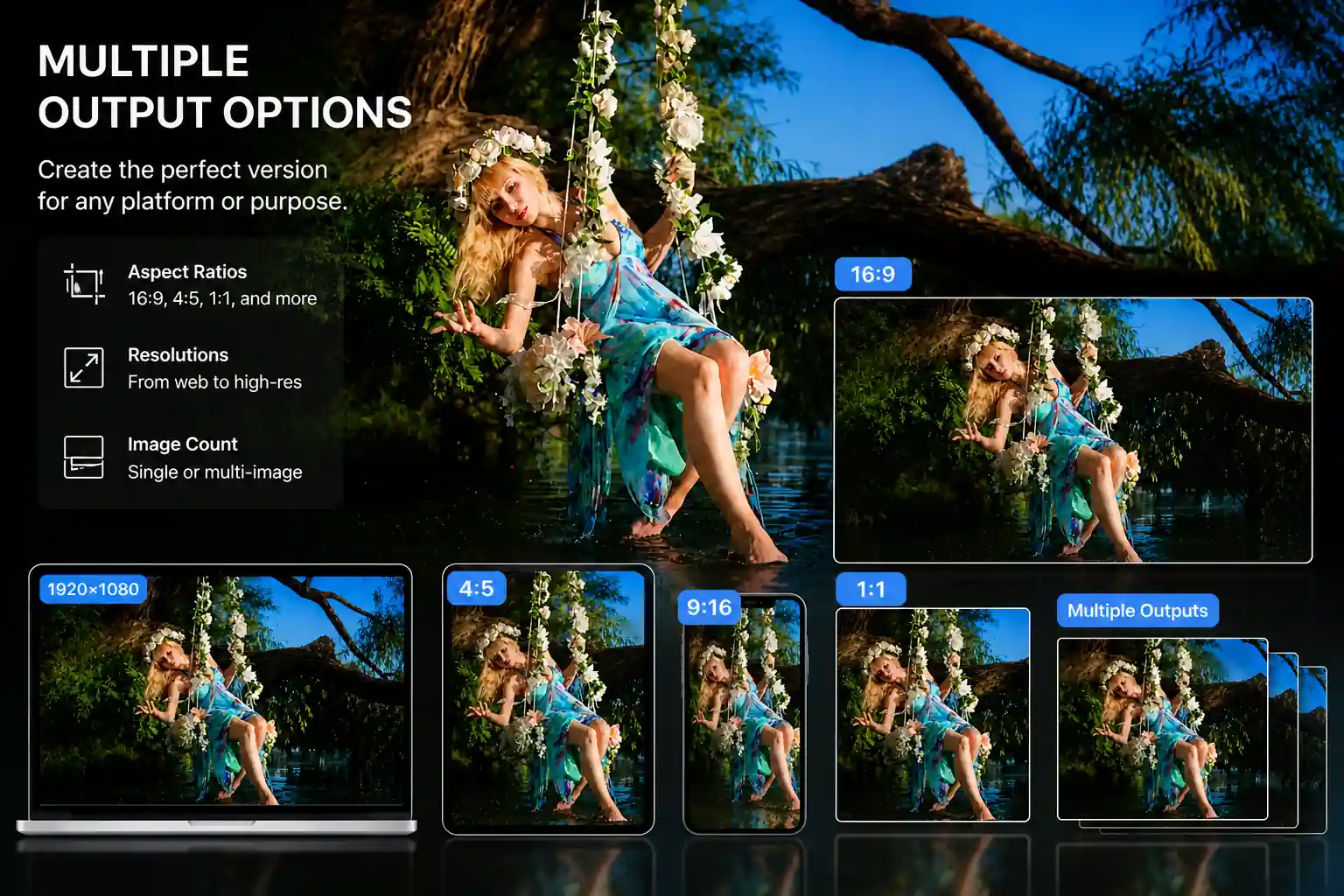 Output settings for aspect ratios, resolution levels, and image count comparison