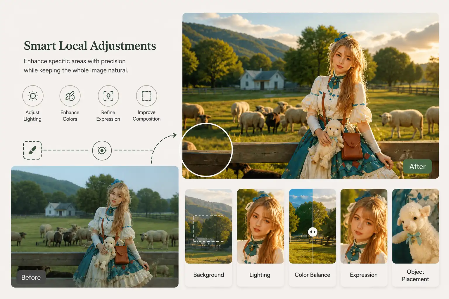 Local editing controls refining a selected area while the broader image remains intact