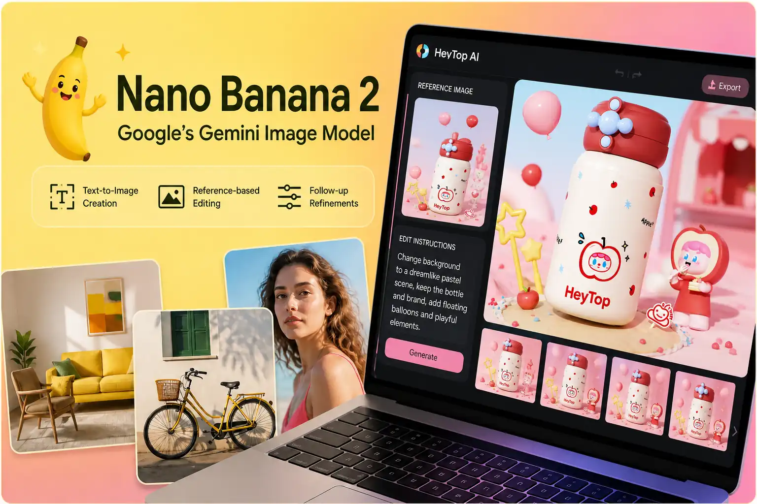 Nano Banana 2 interface showing prompt, reference, refinement, and output panels