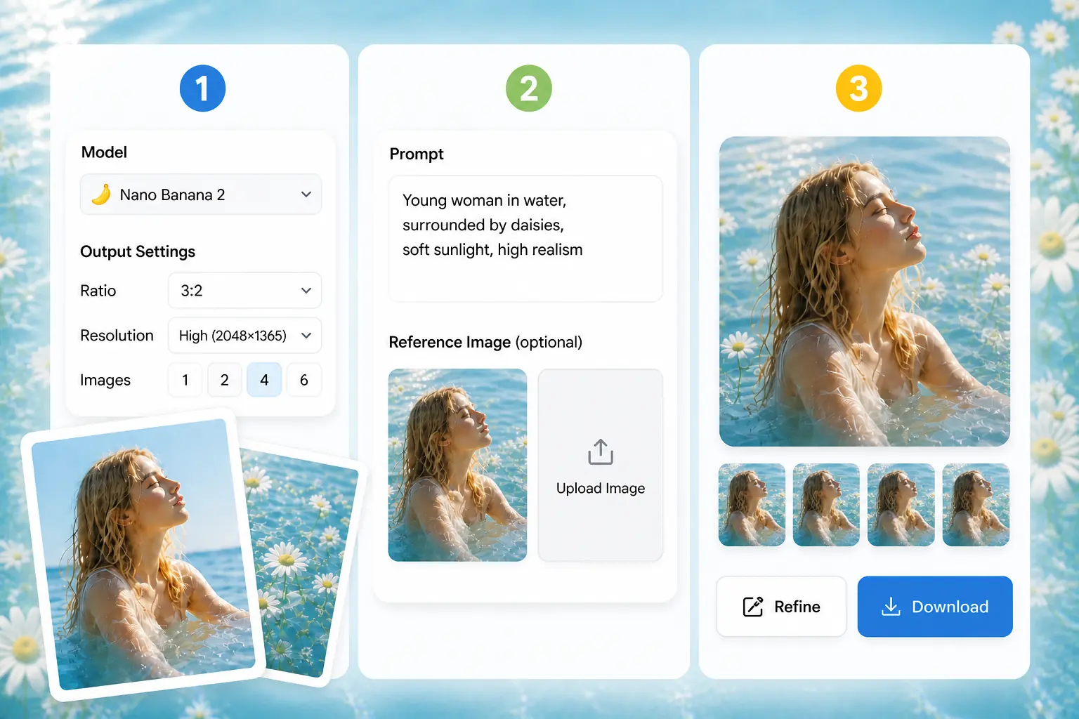 Three-step Nano Banana 2 workflow for settings, input, generation, and download
