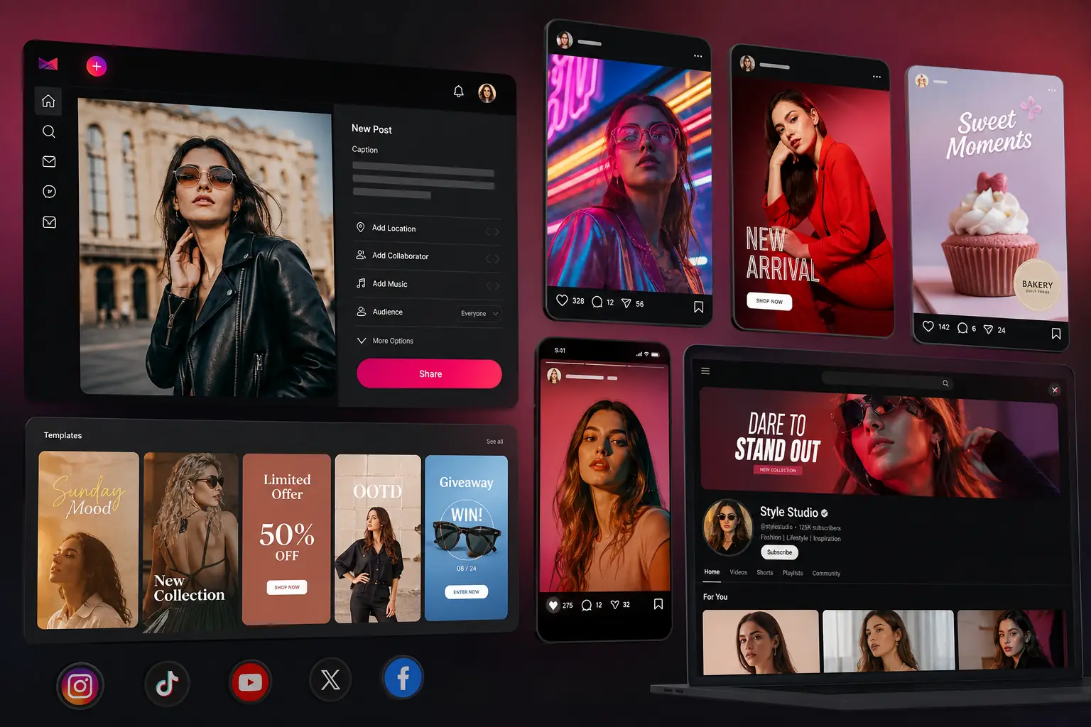 Social post, channel cover, thumbnail, and promotional tile designs in multiple formats
