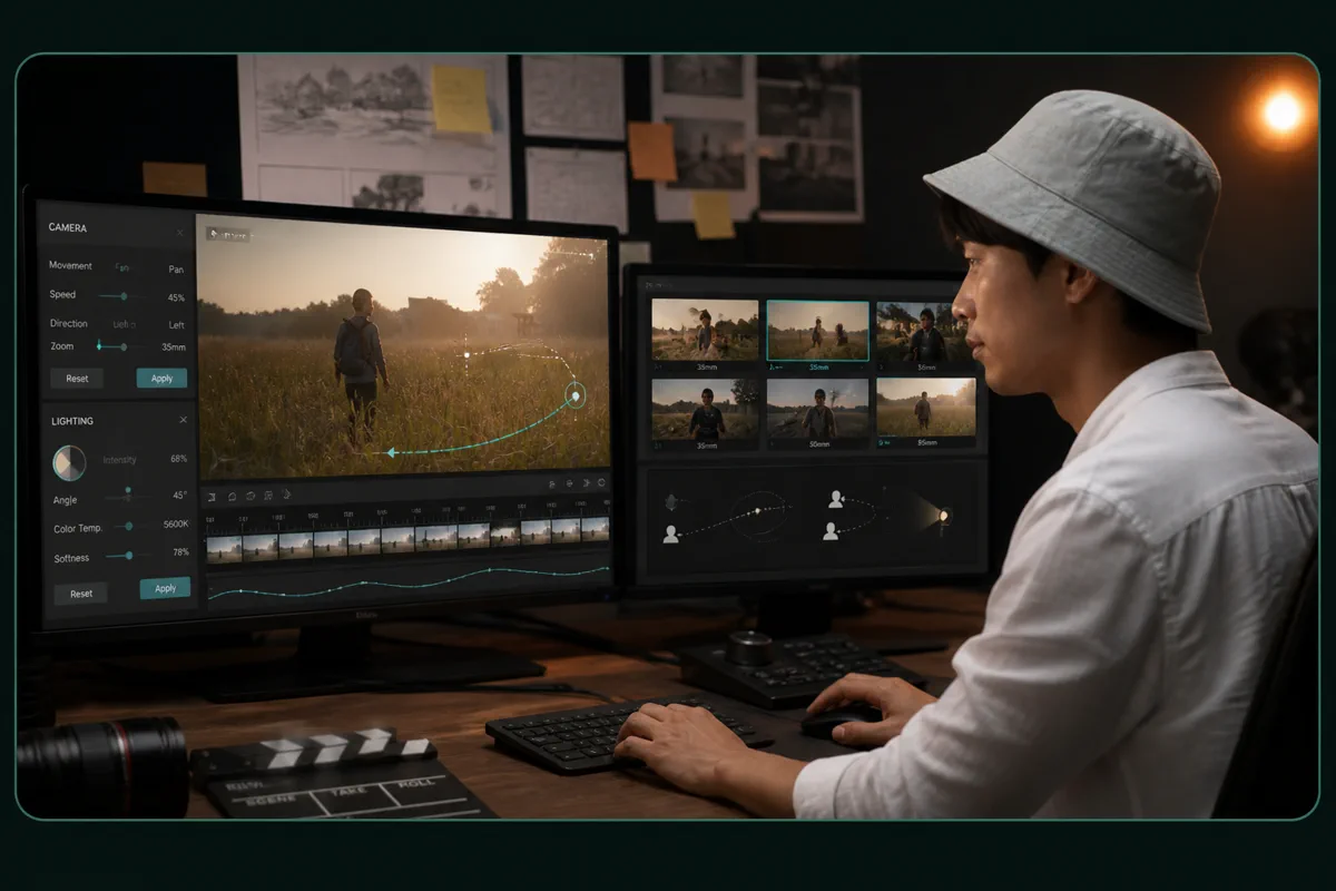 Camera and lighting control panel for cinematic Seedance 2.5 previsualization