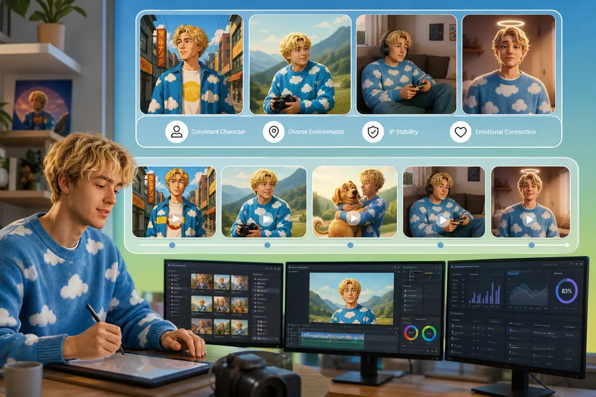 Virtual character campaign scenes maintaining a stable branded persona