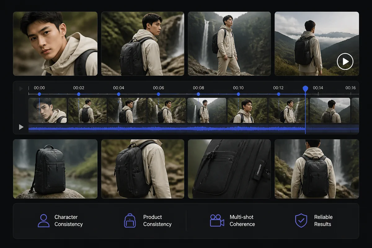 Multiple AI video shots keeping the same character and product details consistent