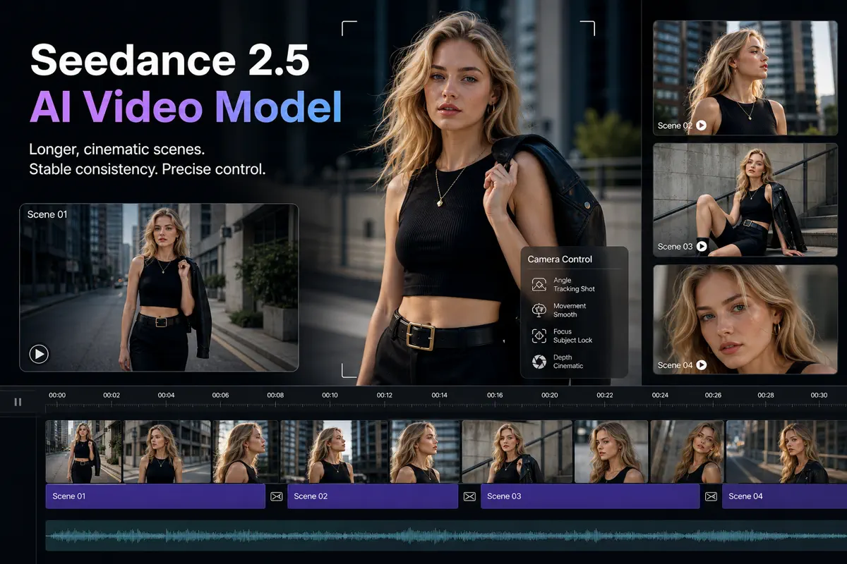 Seedance 2.5 interface showing a cinematic multi-shot AI video timeline
