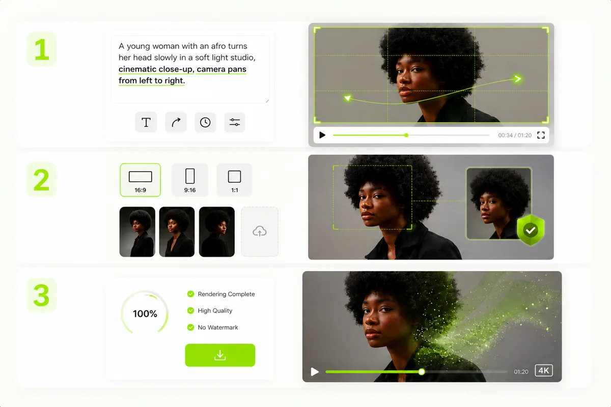 Three-step Seedance 2.5 video generation workflow from prompt to export