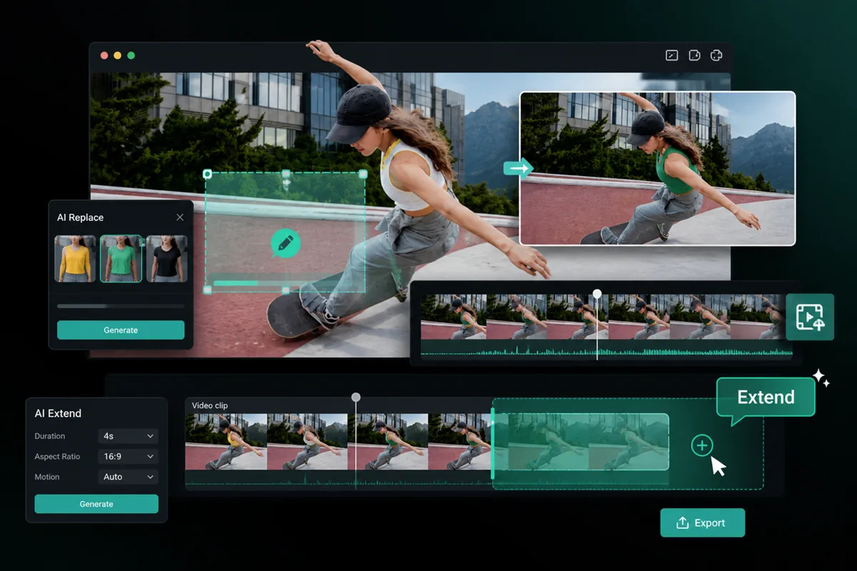 Video editing canvas for modifying selected areas and extending clips seamlessly