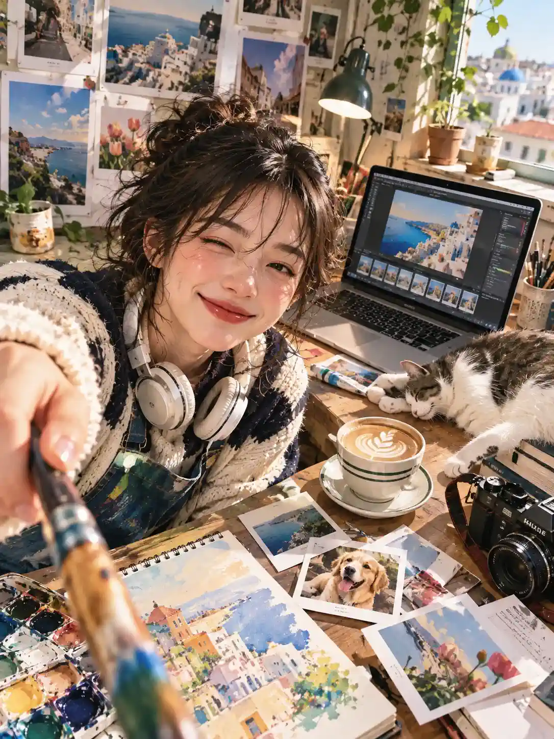 AI image editing result with a creator, reference artwork, laptop, and studio workspace