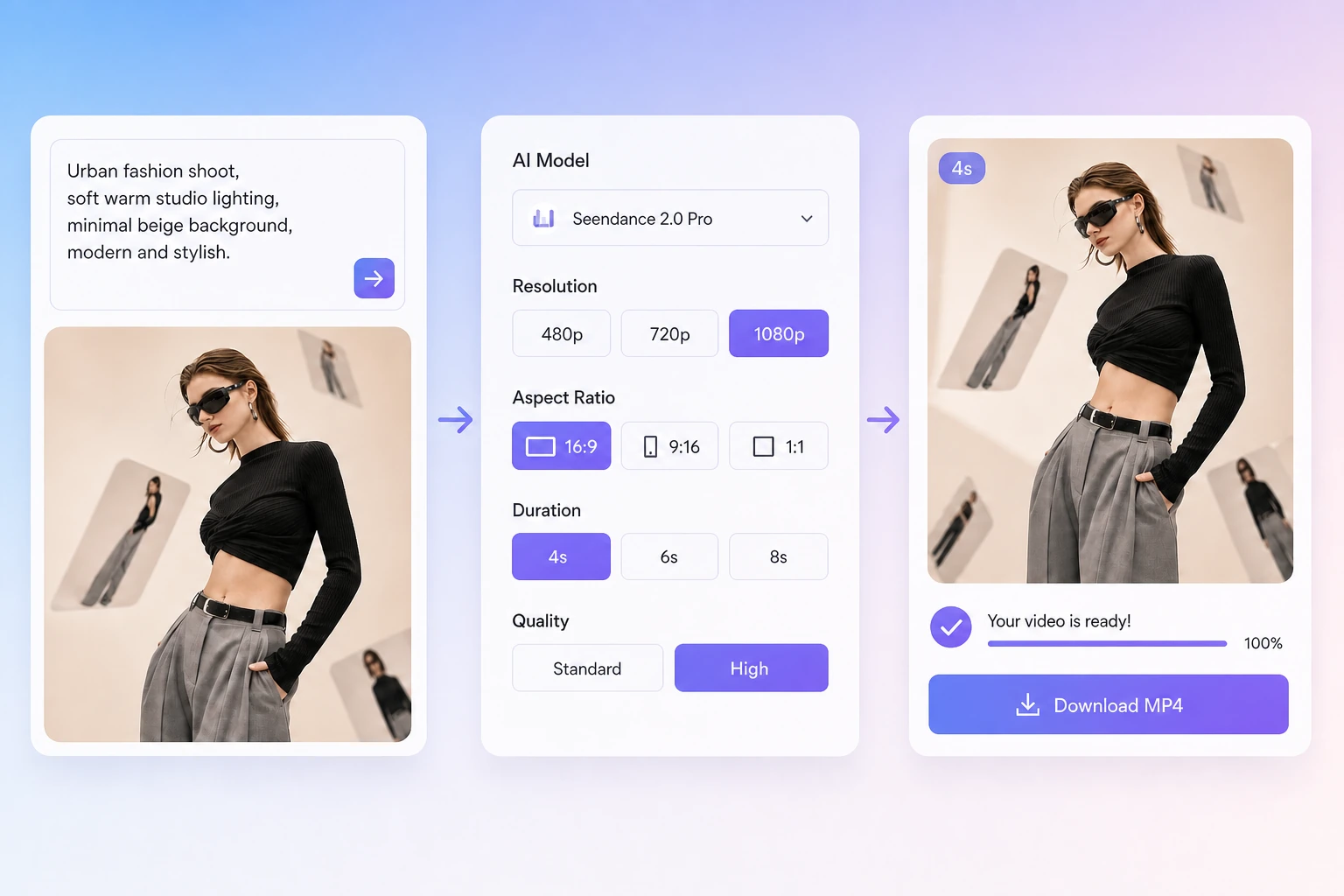 HeyTop AI 文本转视频界面,可输入提示词、选择设置并生成 AI 视频